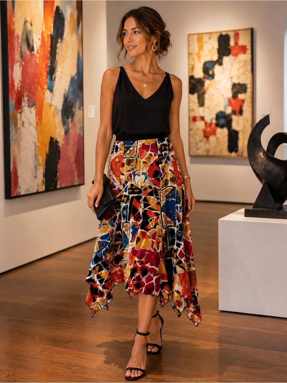 Peter Nygard 100% Silk Handkerchief Hem Midi Skirt 10 Colorful Abstract Floral